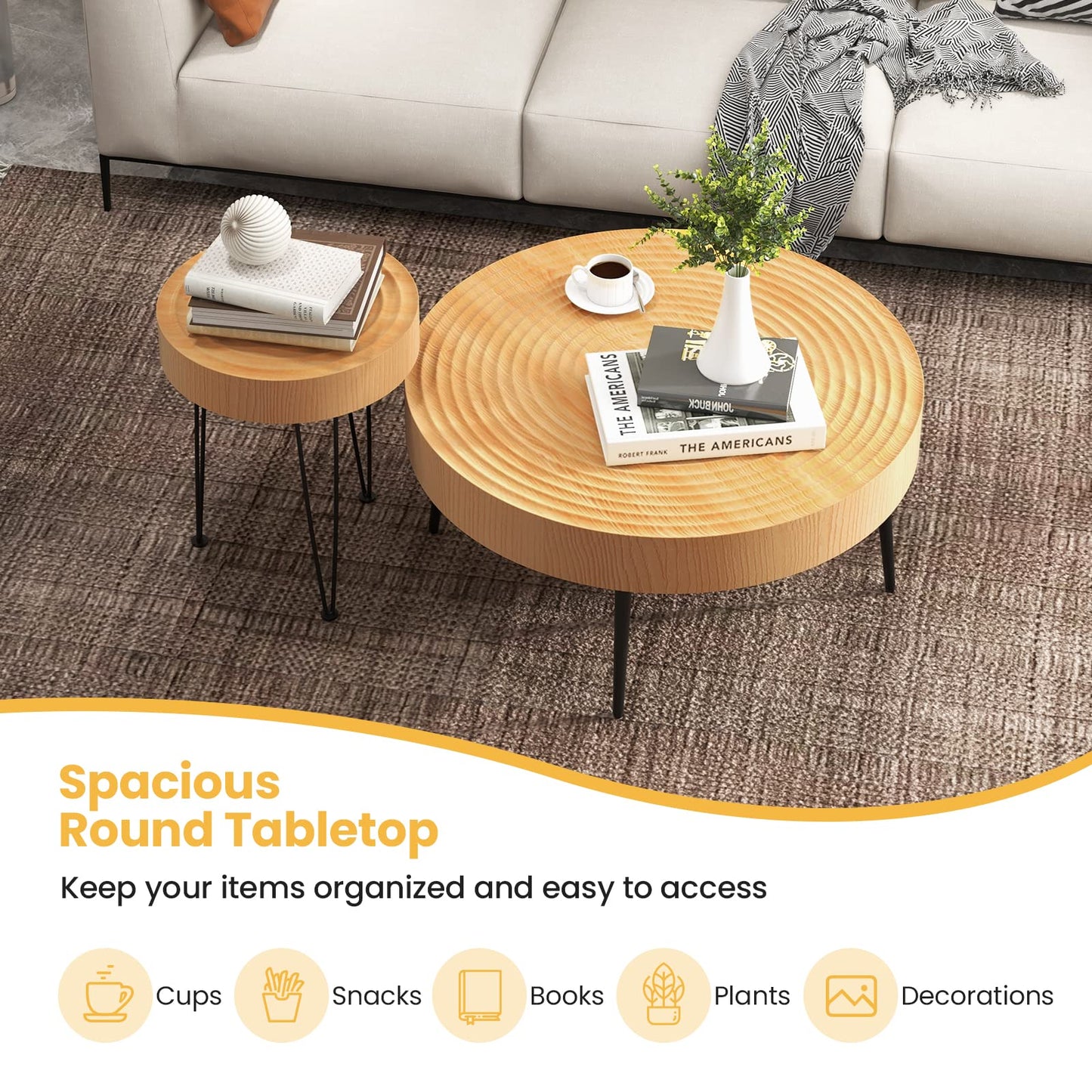 Solid Wood Center Nesting Tables Set of 2 with Water-ripple Tabletop