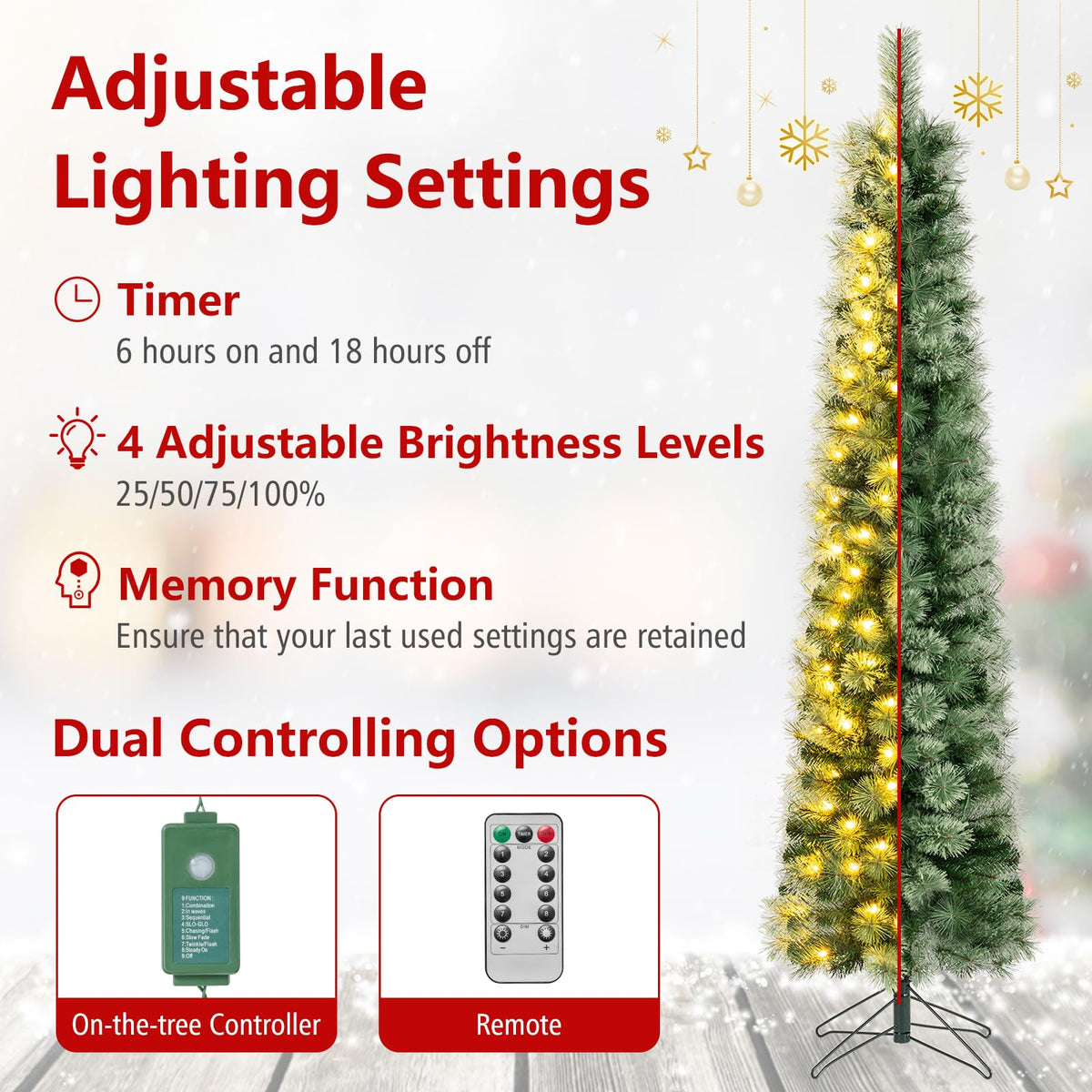 6/7 FT Pre-Lit Pencil Artificial Christmas Tree, Slim Xmas Tree with Branch Tips and LED Lights
