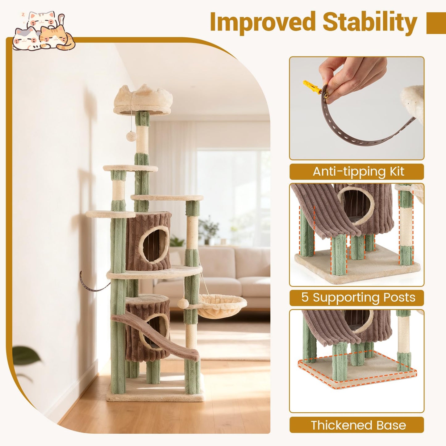 Cat Tree, 163cm Tall Modern Cats Tower with Plush Perch, 2 Condos, Basket Bed