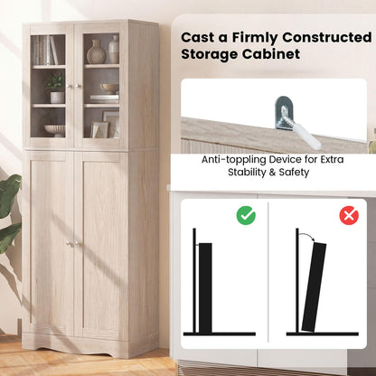 Kitchen Pantry Storage Cabinet with Glass Doors and Storage Shelves