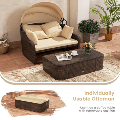 PE Rattan Daybed with Retractable Canopy and Soft Cushions for Backyard