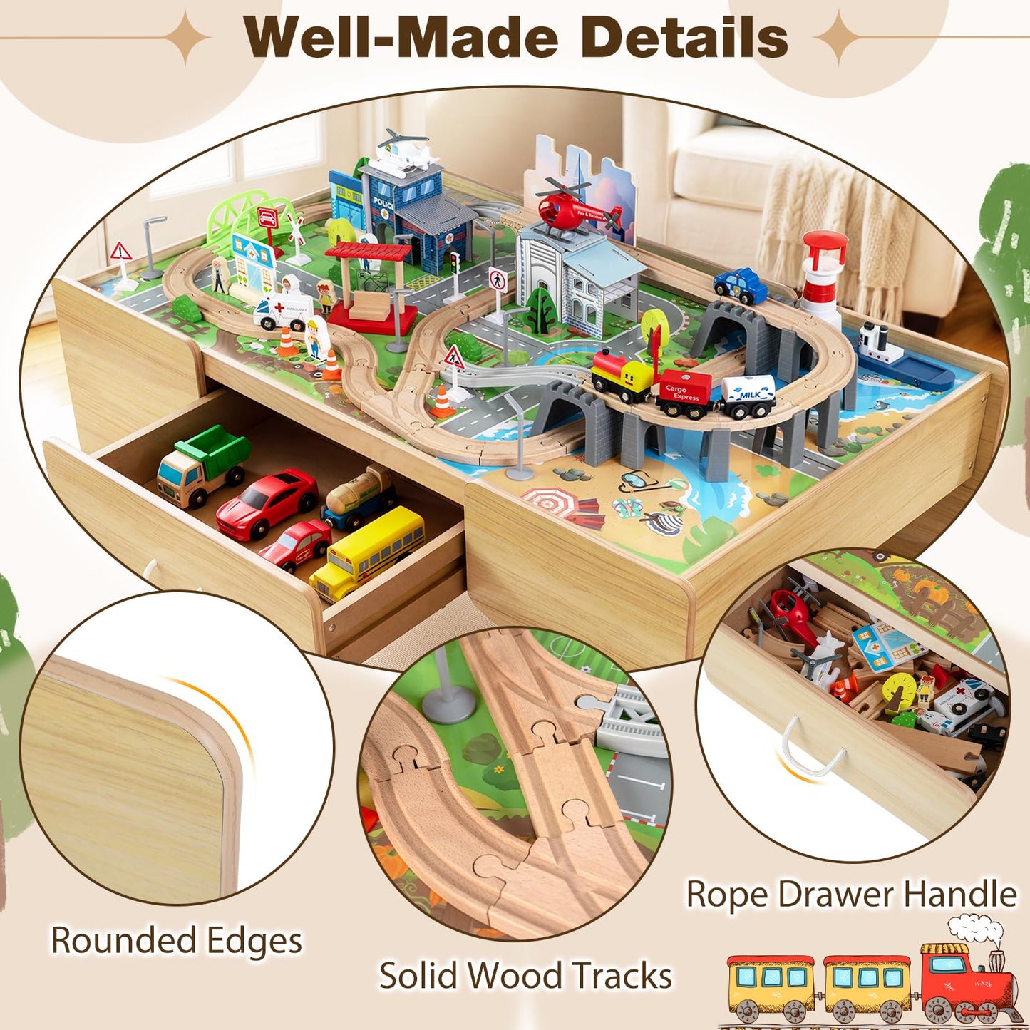 Wooden Train Track Set, 3-in-1 Kids Activity Table