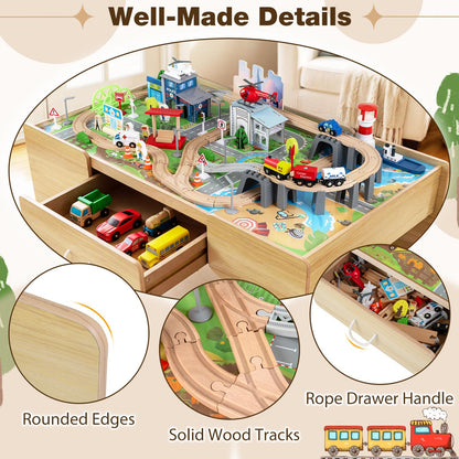 Wooden Train Track Set, 3-in-1 Kids Activity Table