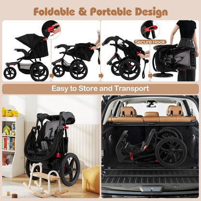 Foldable Jogging Stroller with Adjustable Canopy Reclining Seat
