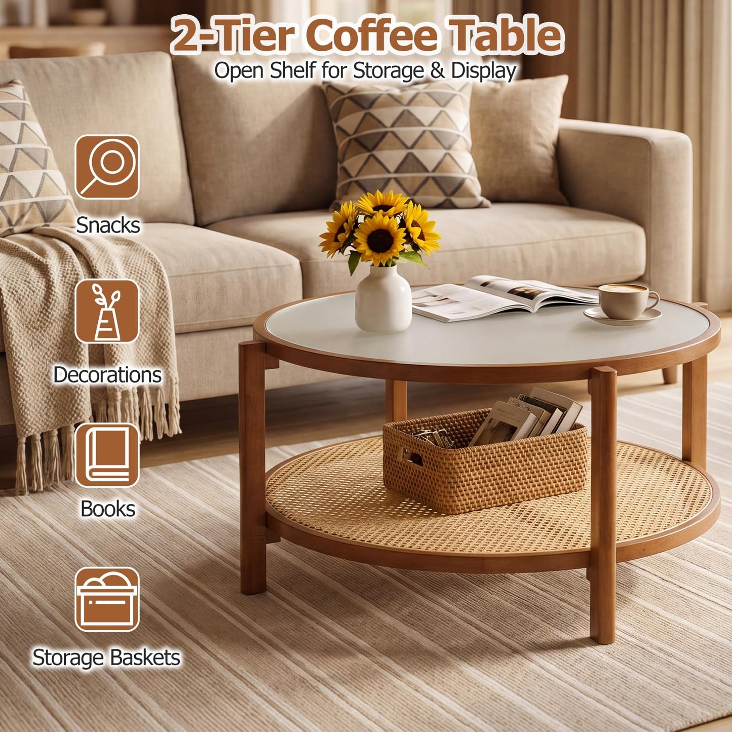 Rattan Coffee Table with Tempered Glass Top for Living Room