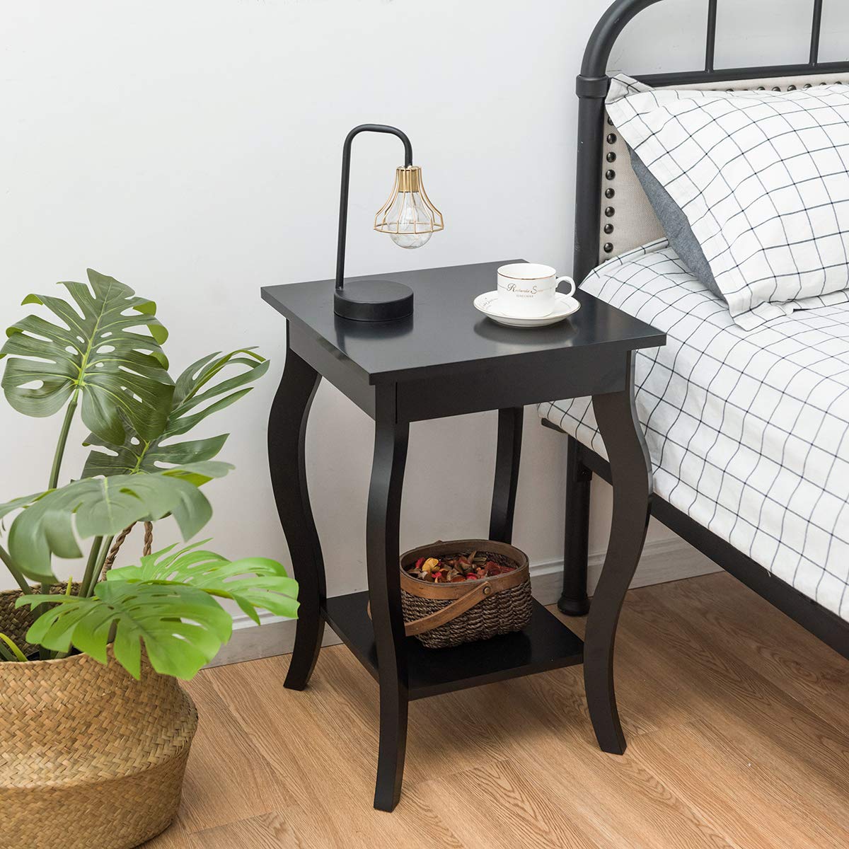 Accent End Table with Elegant Curved Legs and 2-Tier Open Storage Shelves
