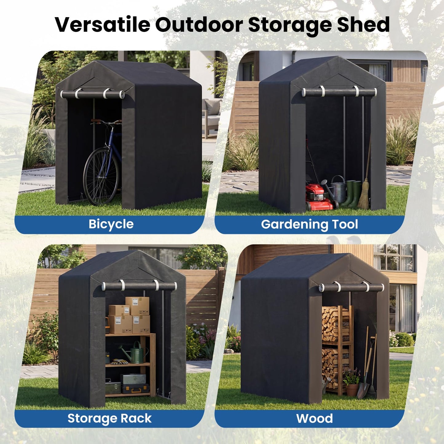Heavy-Duty Portable Storage Shed with Roll-up Zipper Door and Sun-Protective Canopy