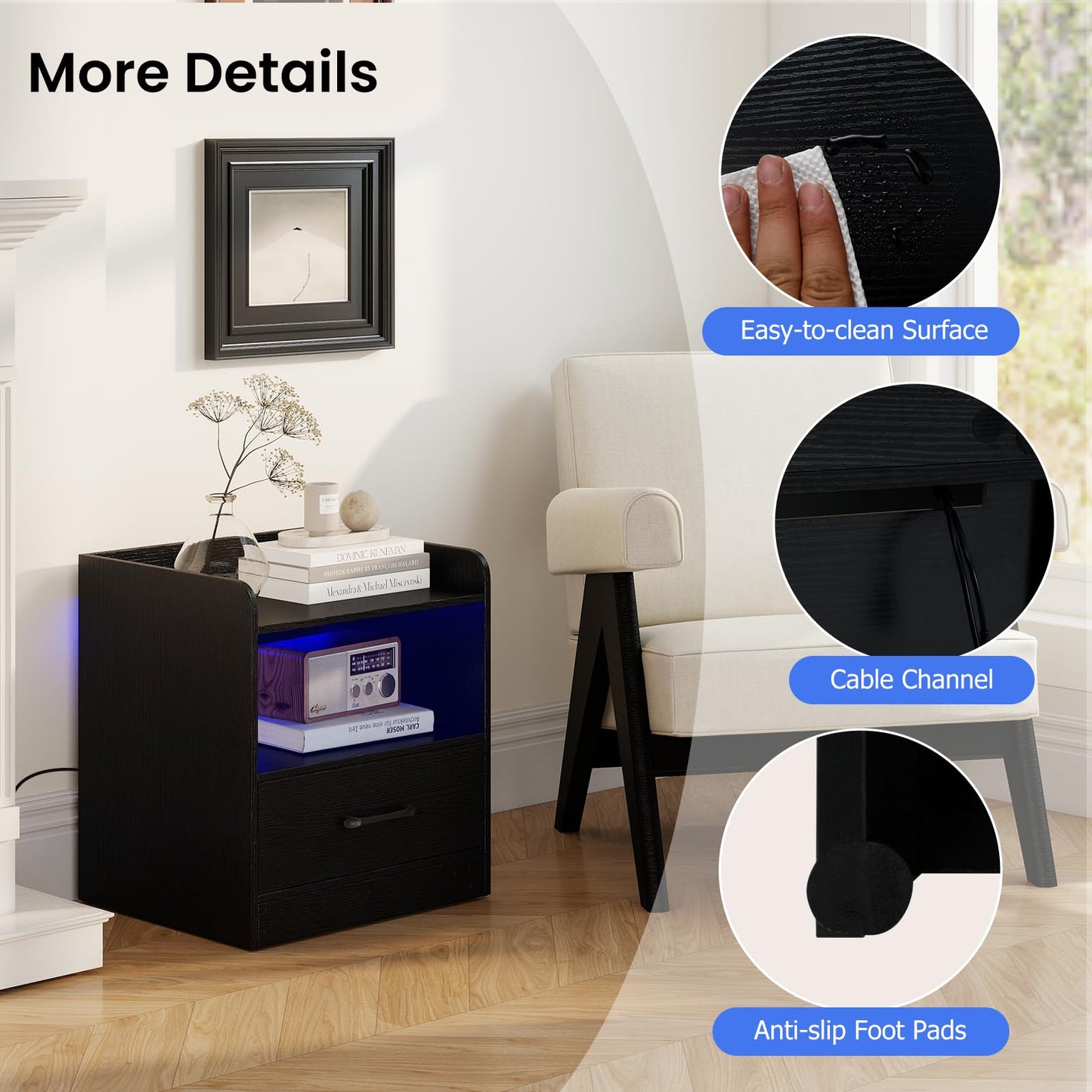 Modern Nightstand with Drawer and Open Shelf for Living Room and Bedroom