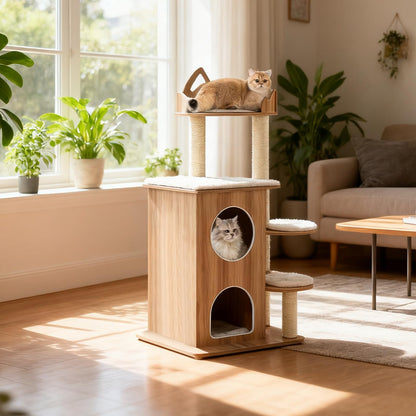 Wooden Cat Tree, 122cm Tall Multi-Layer Cat Tower with Cute Top Perch