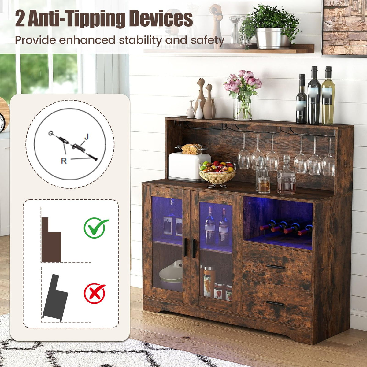 Wine Bar Cabinet with LED Lights & Charging Station