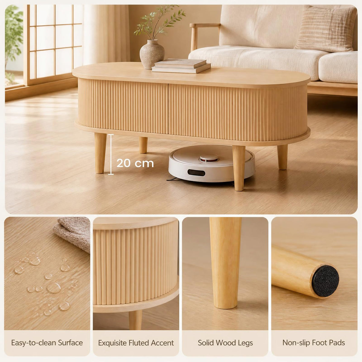 Oval Lift Top Coffee Table with Storage Fluted Design and Raised Wood Feet