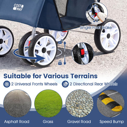 Pet Stroller, 4 Wheels Foldable Dog Pushchair Cat Pram with Adjustable Canopy