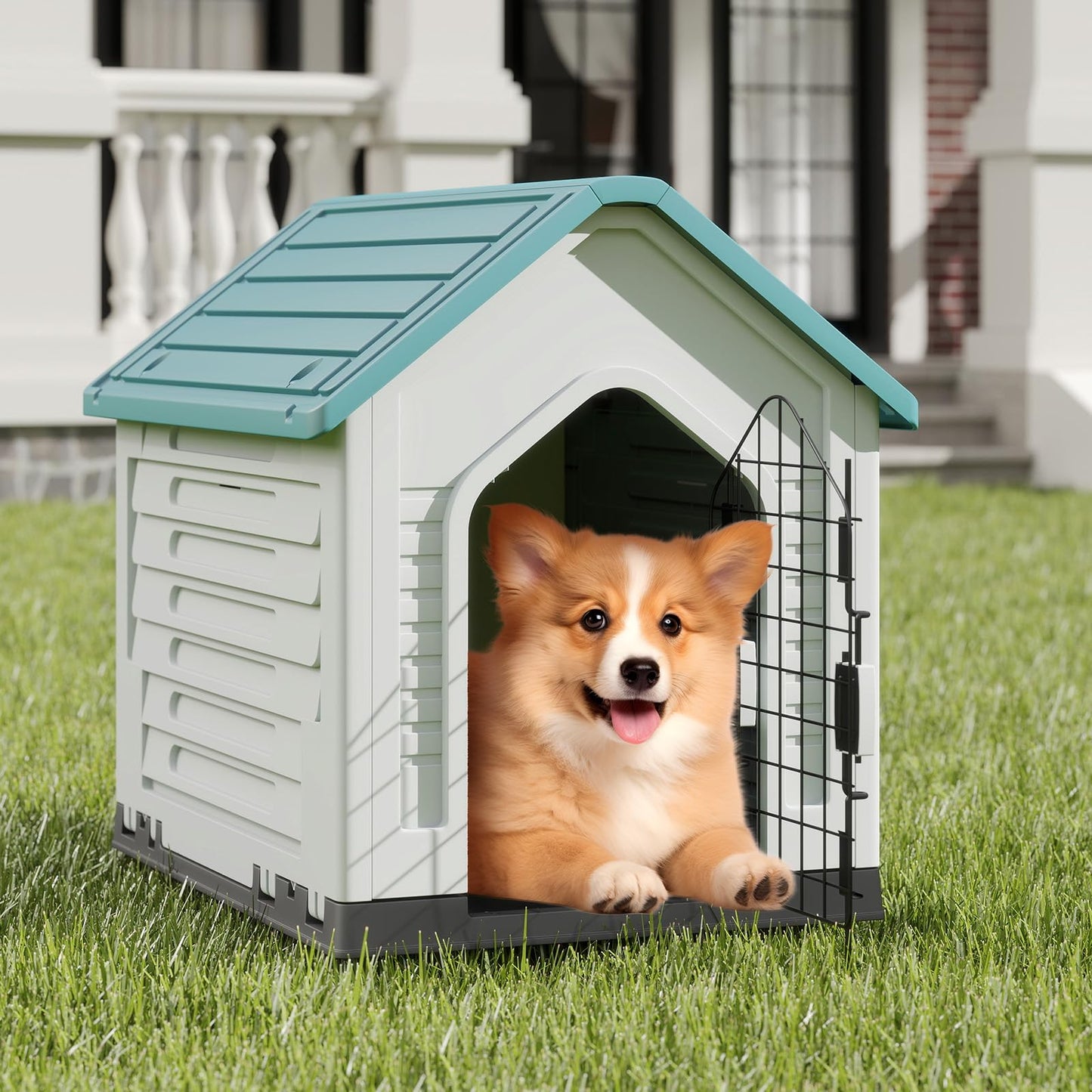 Plastic Dog House, Indoor Outdoor Pet Shelter with Metal Lockable Door