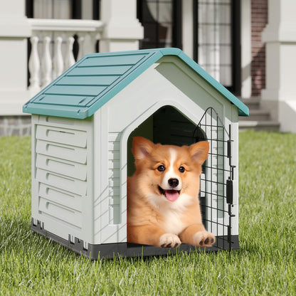 Plastic Dog House, Indoor Outdoor Pet Shelter with Metal Lockable Door