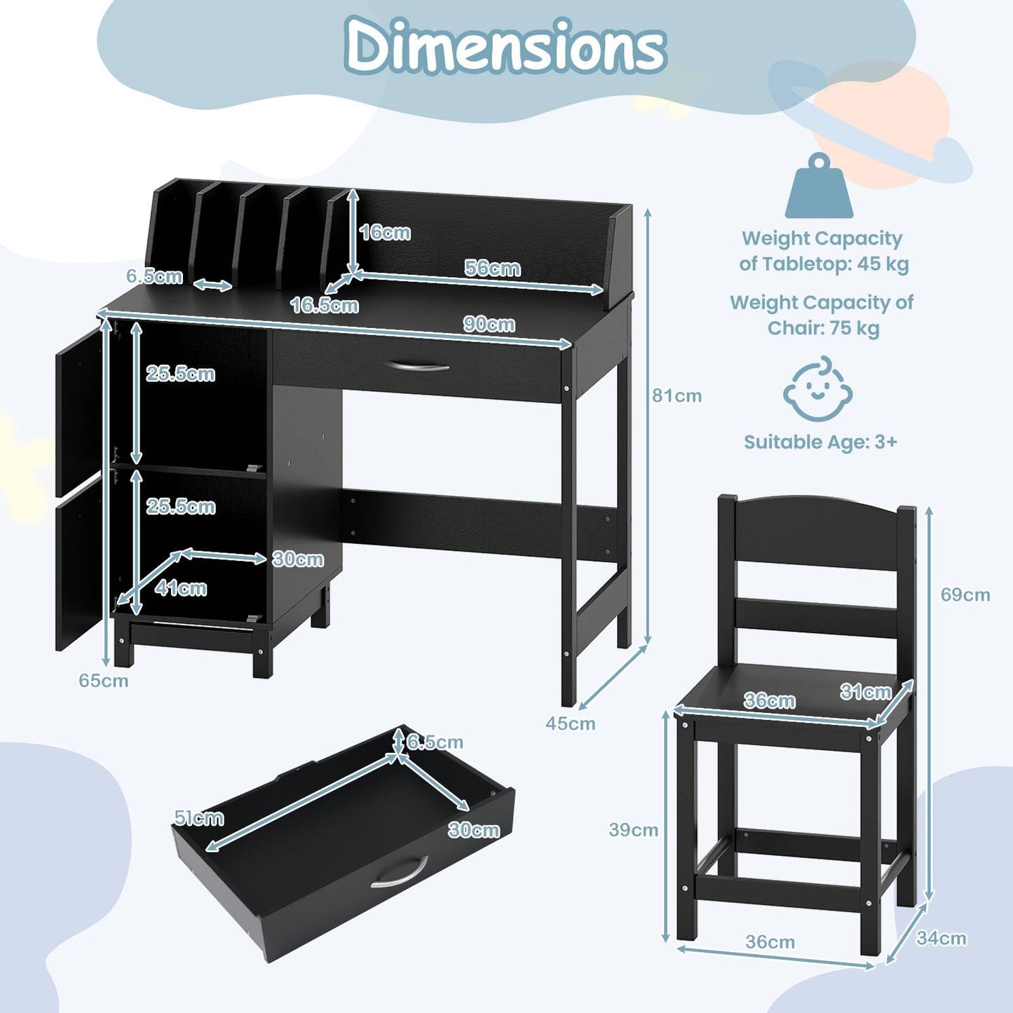 Kid's Study Desk and Chair Set with Deep Drawer and Enclosed Cabinets