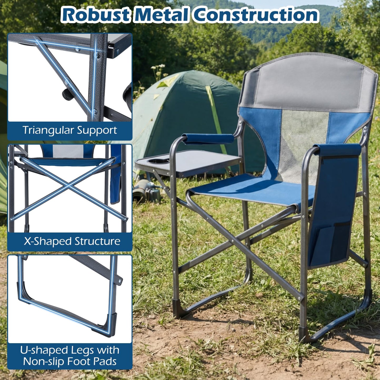 Folding Directors Chair, Oversized Camping Chairs with Side Table and Cup Holder