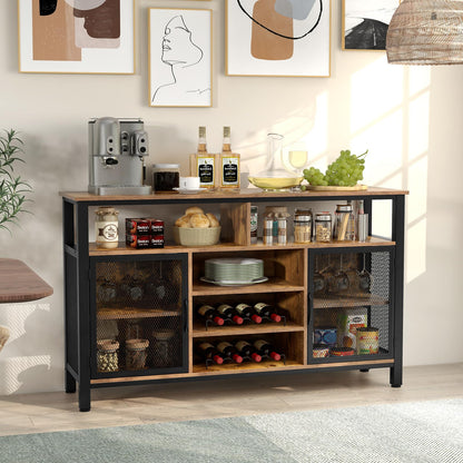 GiantexUK Kitchen Storage Cabinet, Wooden Buffet Sideboard with Wine Racks, Glass Holders, Metal Mesh Doors & Shelves