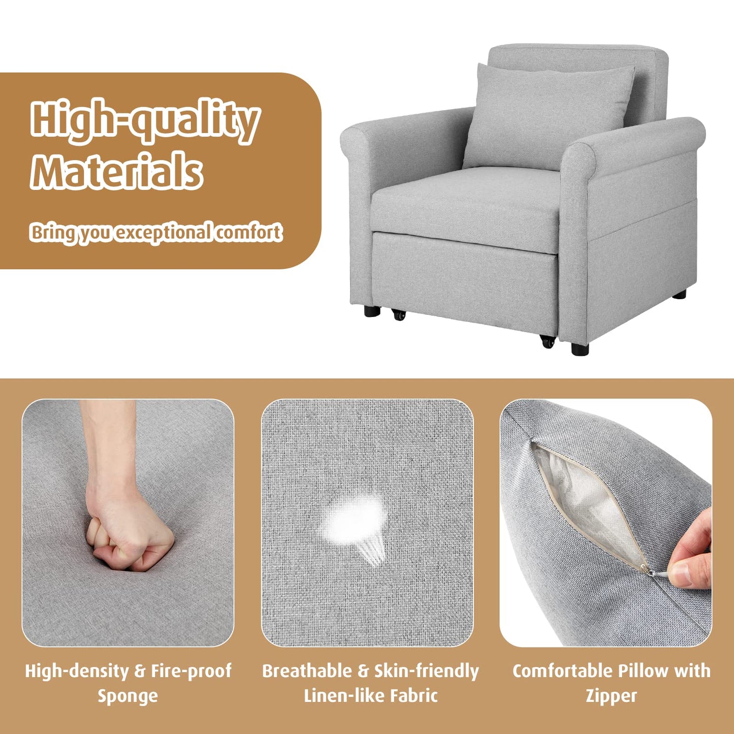 3-in-1 Convertible Sofa Chair Bed Sleeper Couch with Adjustable Backrest