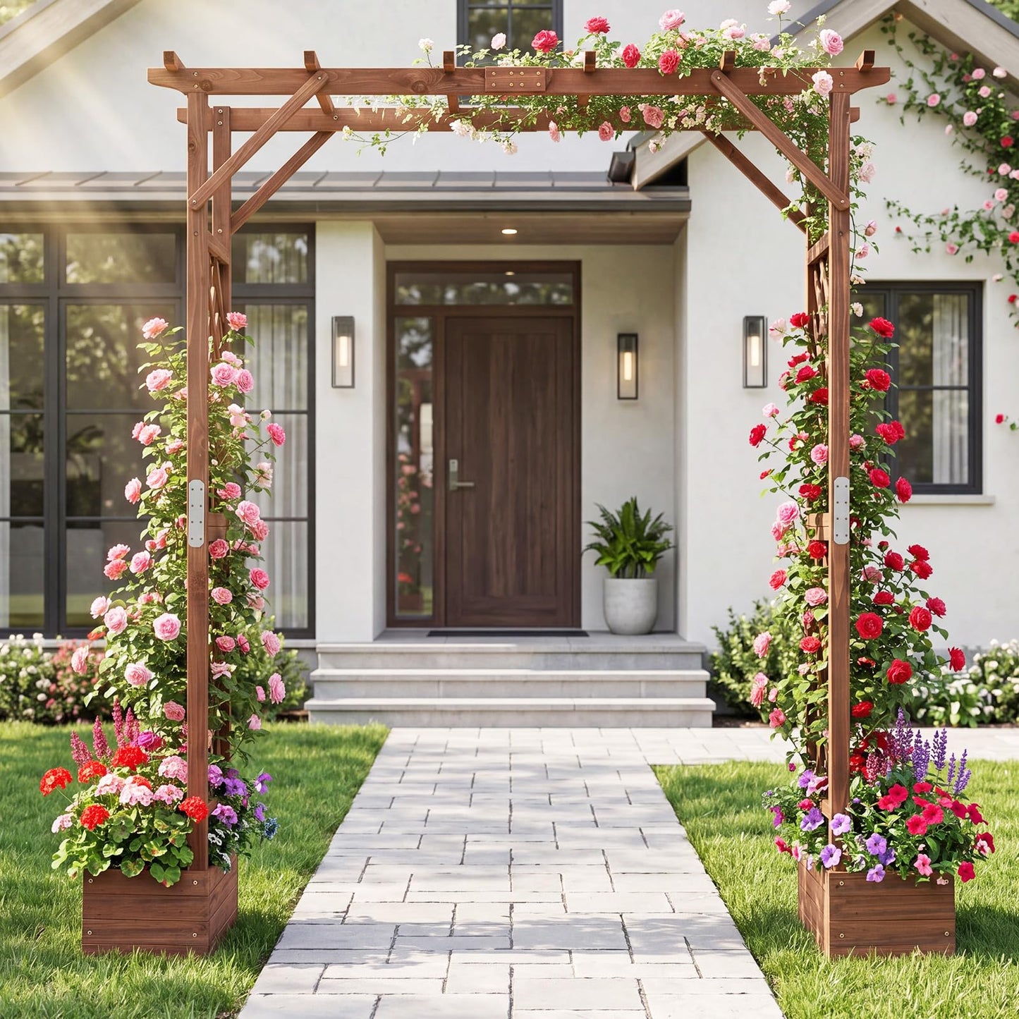 220cm Wooden Garden Arch with Planter Boxes & Hanging Roof