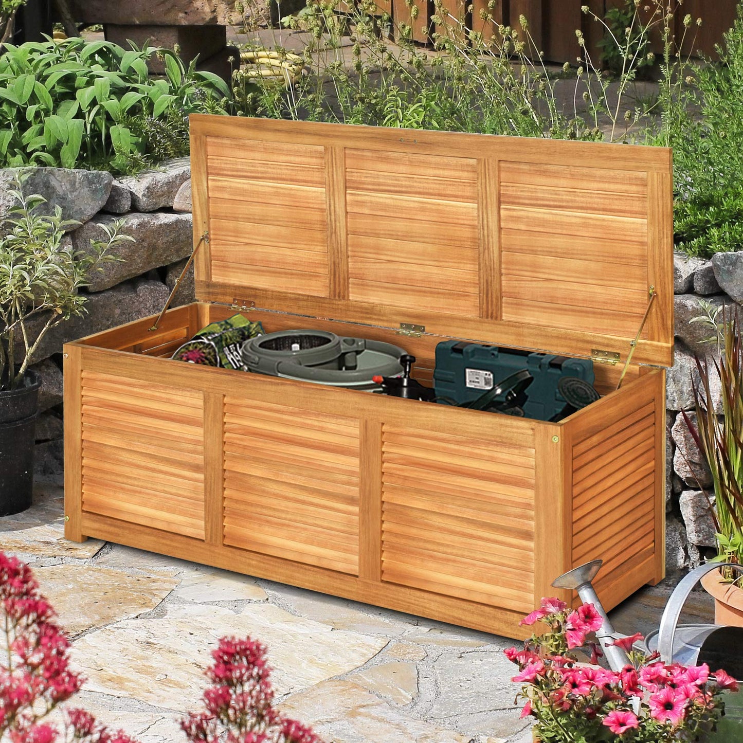 114cm Garden Storage Bench with Flexible Hinges and Handle