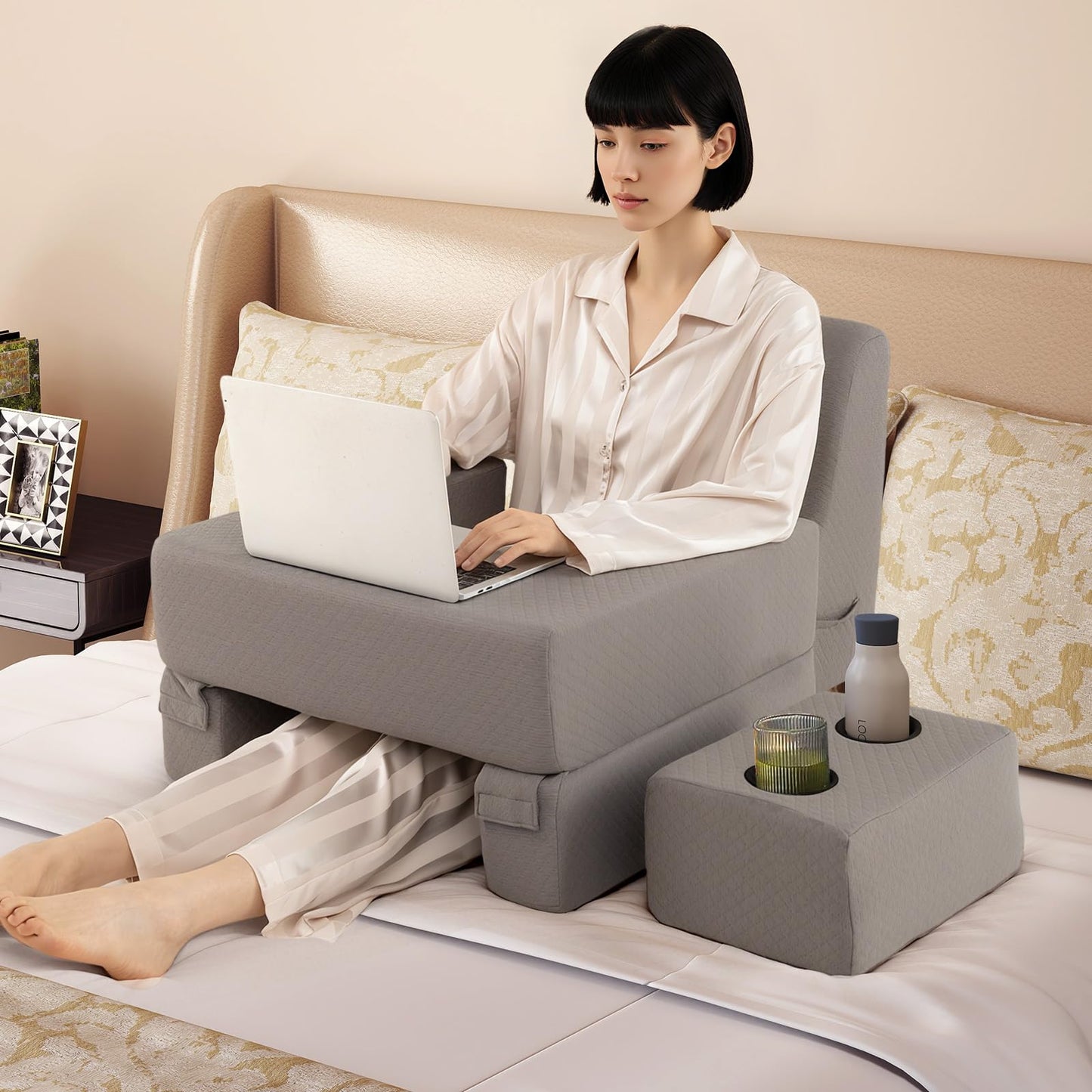 3-Piece Reading Pillow Set with Coaster Back Cushion and Storage Pocket