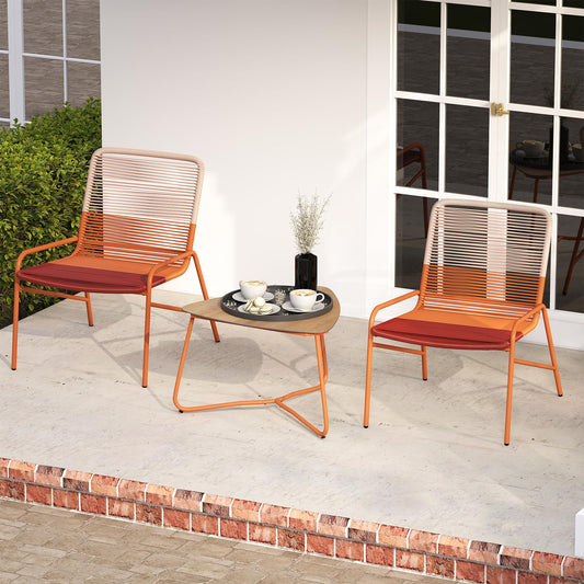 Outdoor Rattan Furniture Set with 2 Gradient Chairs and Wood-Plastic Side Table