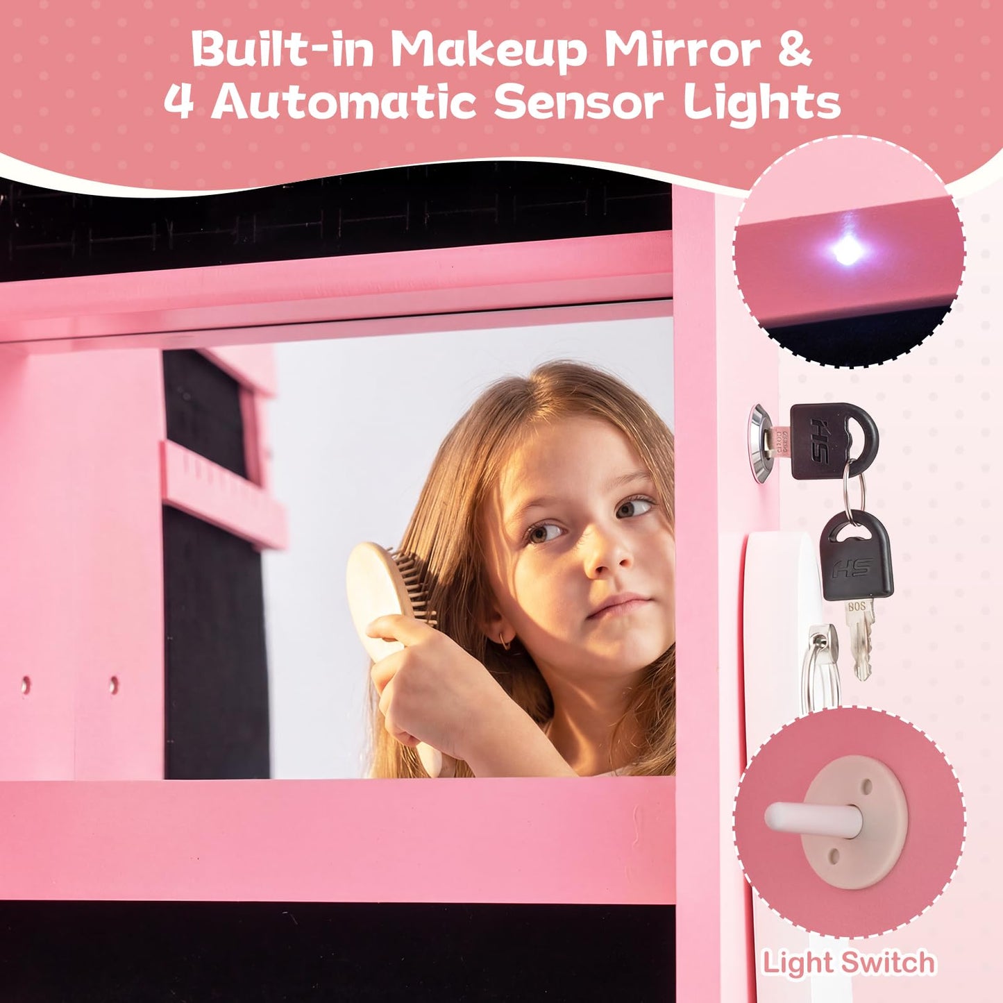 Kids Jewelry Cabinet with Sensor Lights and Full-Length Mirror