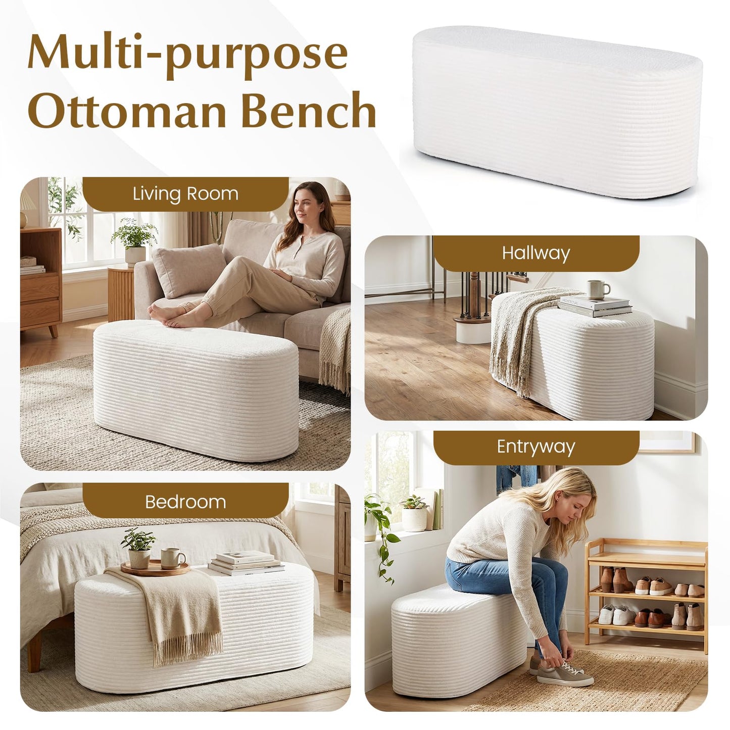 Upholstered Ottoman Bench 120CM Modern End of Bed Stool with Corduroy Fabric