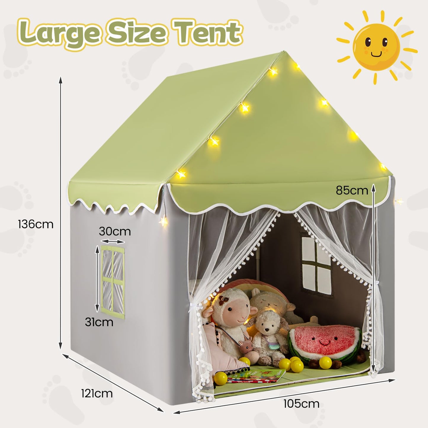 Large Kids Play House with Washable Mat and Star Lights