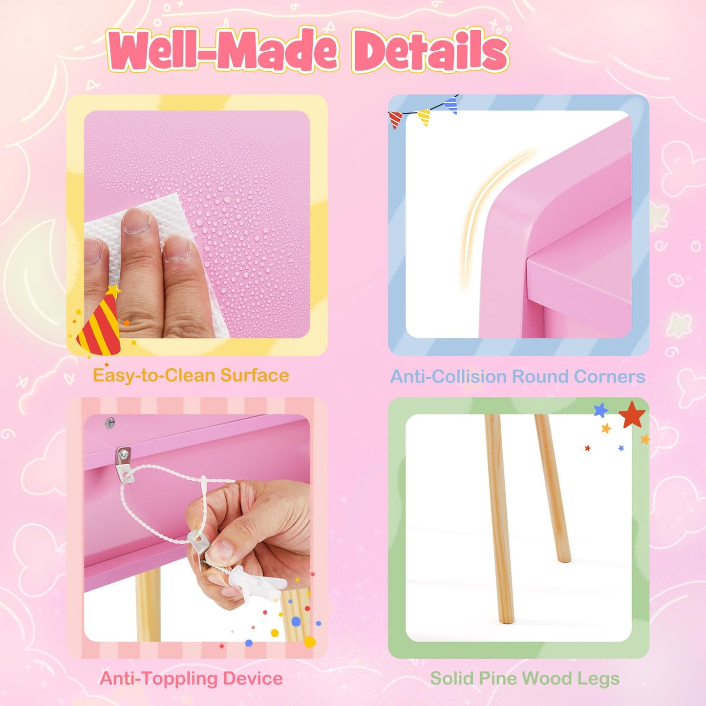 Wooden Kids Vanity Set with Lighted Mirror, Hooks and Storage Drawers