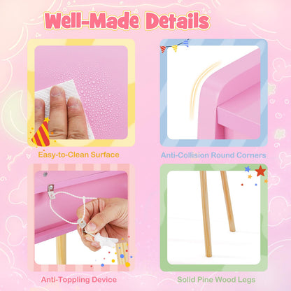 Wooden Kids Vanity Set with Lighted Mirror, Hooks and Storage Drawers