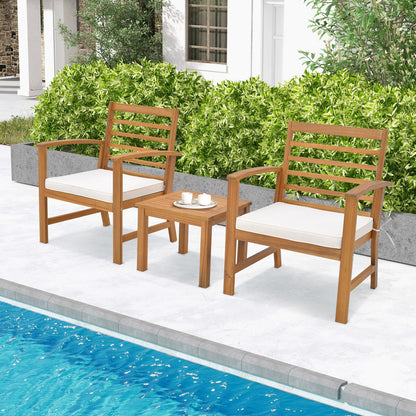 3-Piece Patio Bistro Set Acacia Wood Garden Furniture Set with Coffee Table 2 Armchairs