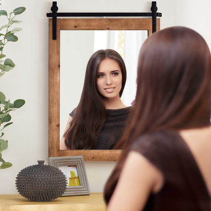 Wall Mounted Mirror with Solid Wood Frame and Metal Bracket
