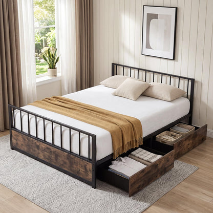 4FT6 Double Metal Bed Frame with 2 Storage Drawers, Headboard & Footboard