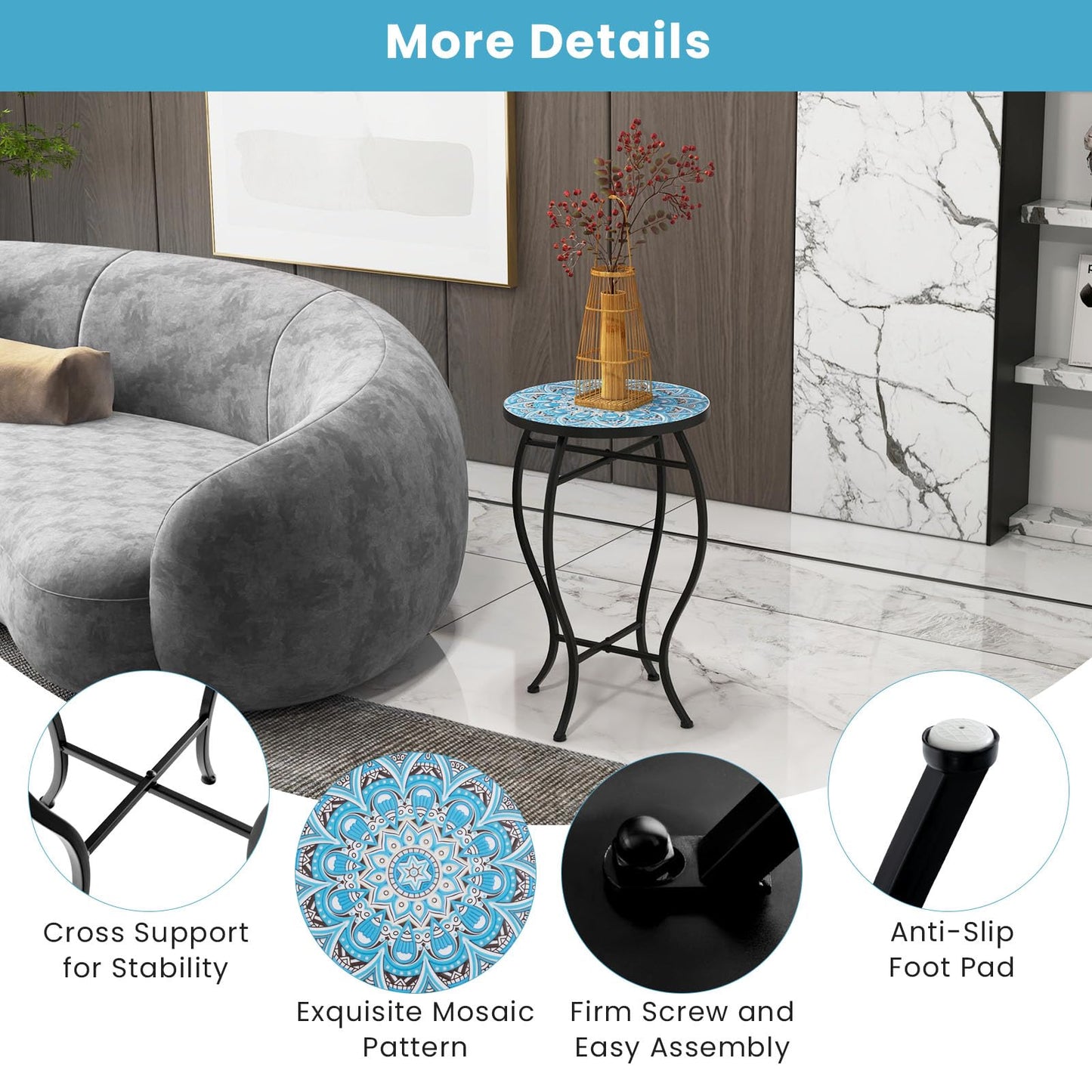 Mosaic Round Bistro Coffee Table with Ceramic Tile Tabletop