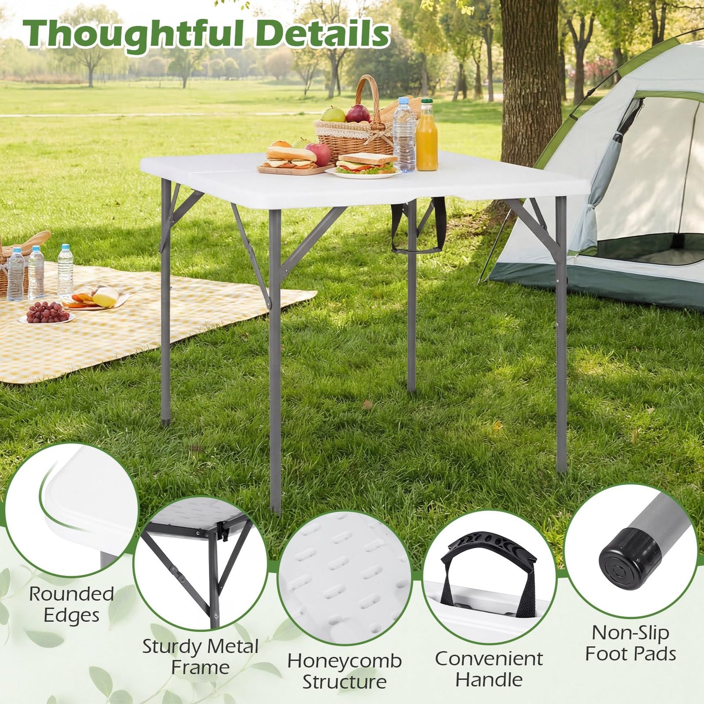 34"(3ft) Folding Table, Fold in Half Square Tables with Handle, Portable Plastic Dining Camping Trestle Table