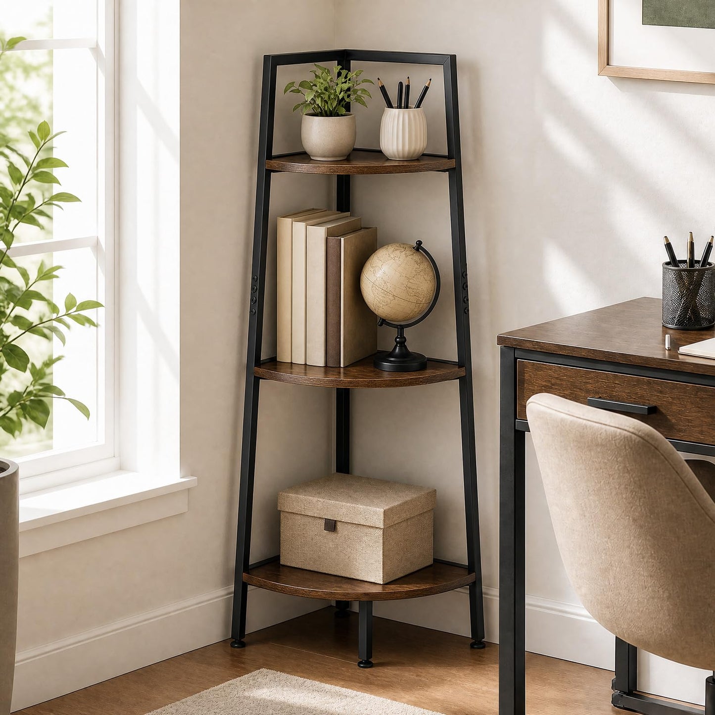 3-Tier Ladder Shelf & Corner Stand, Rustic Brown