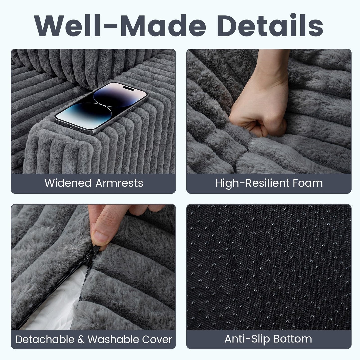 Furry Boneless Couch for Small Spaces with Removable Cover and Pillow