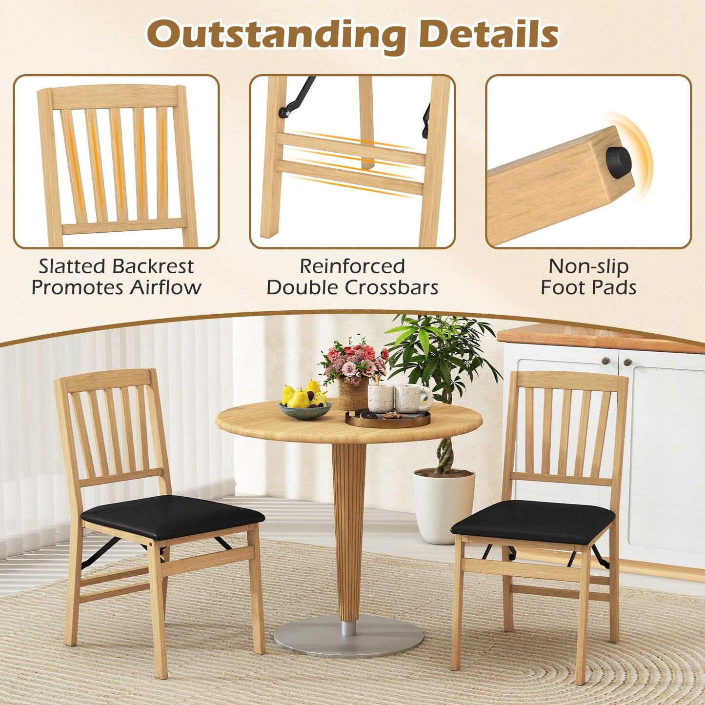Folding Dining Chair Set of 2 with Rubber Wood Frame and Padded Seat