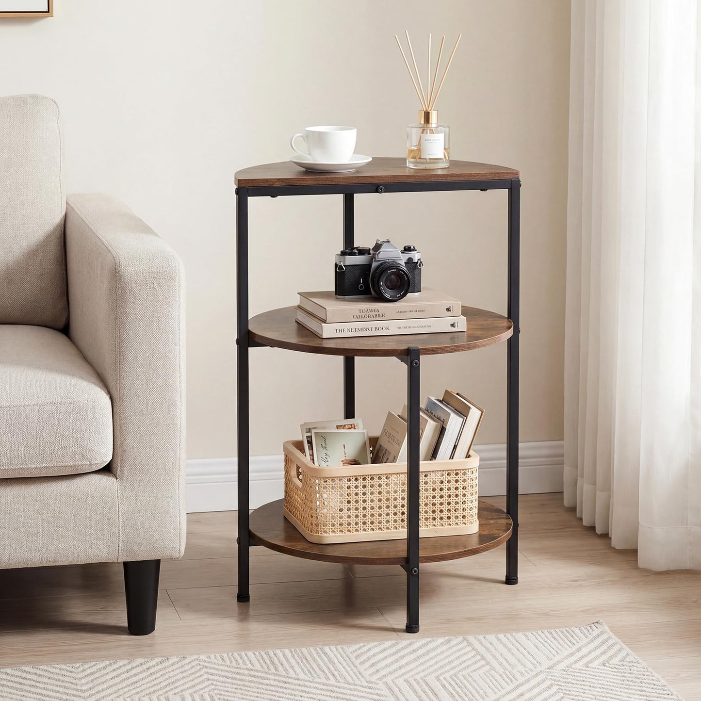 3-Tier Round Side Table, Industrial Nightstand Bedside Table with Storage Shelves