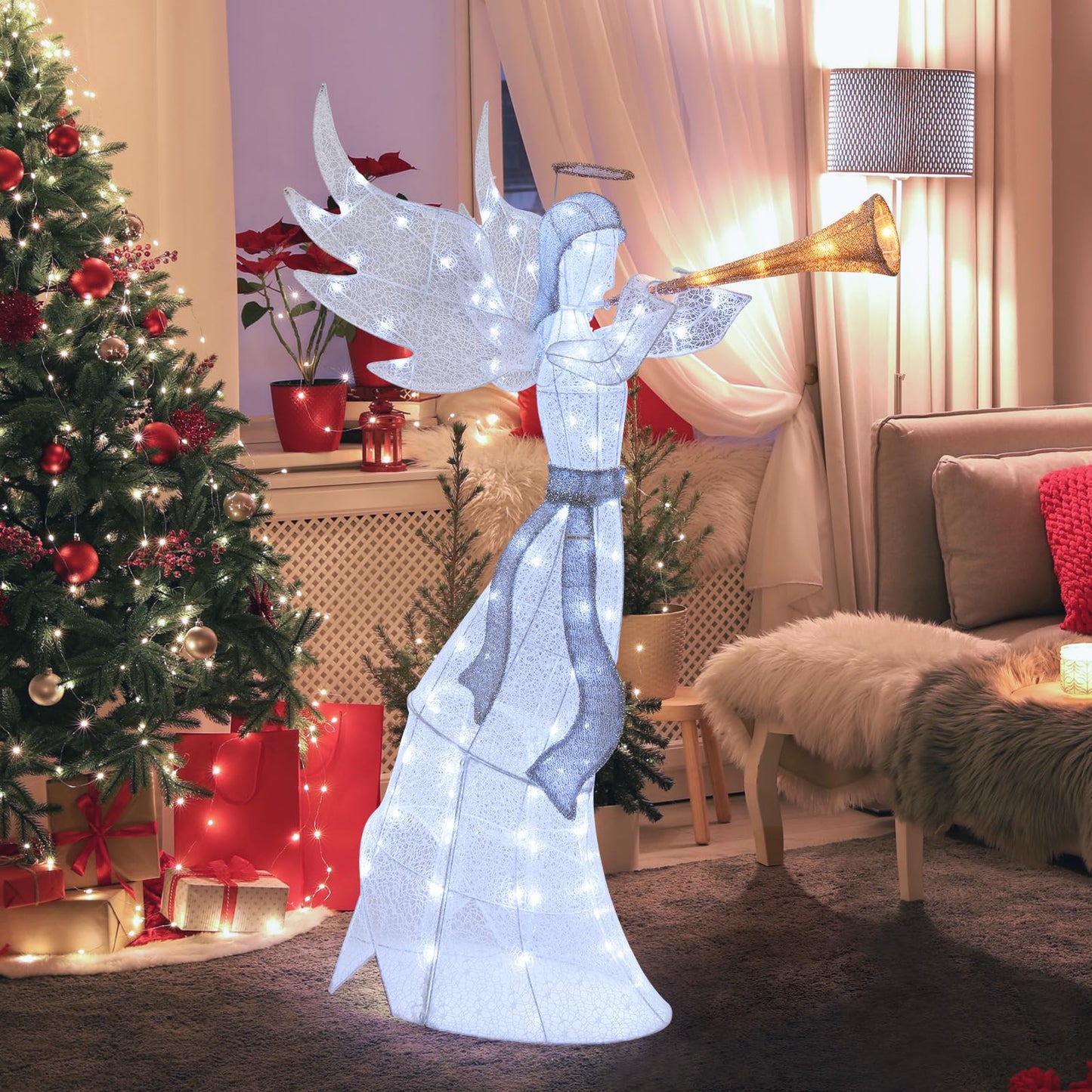 5 Feet Light-up Trumpeting Christmas Angel with LED Lights Halo and Girdle