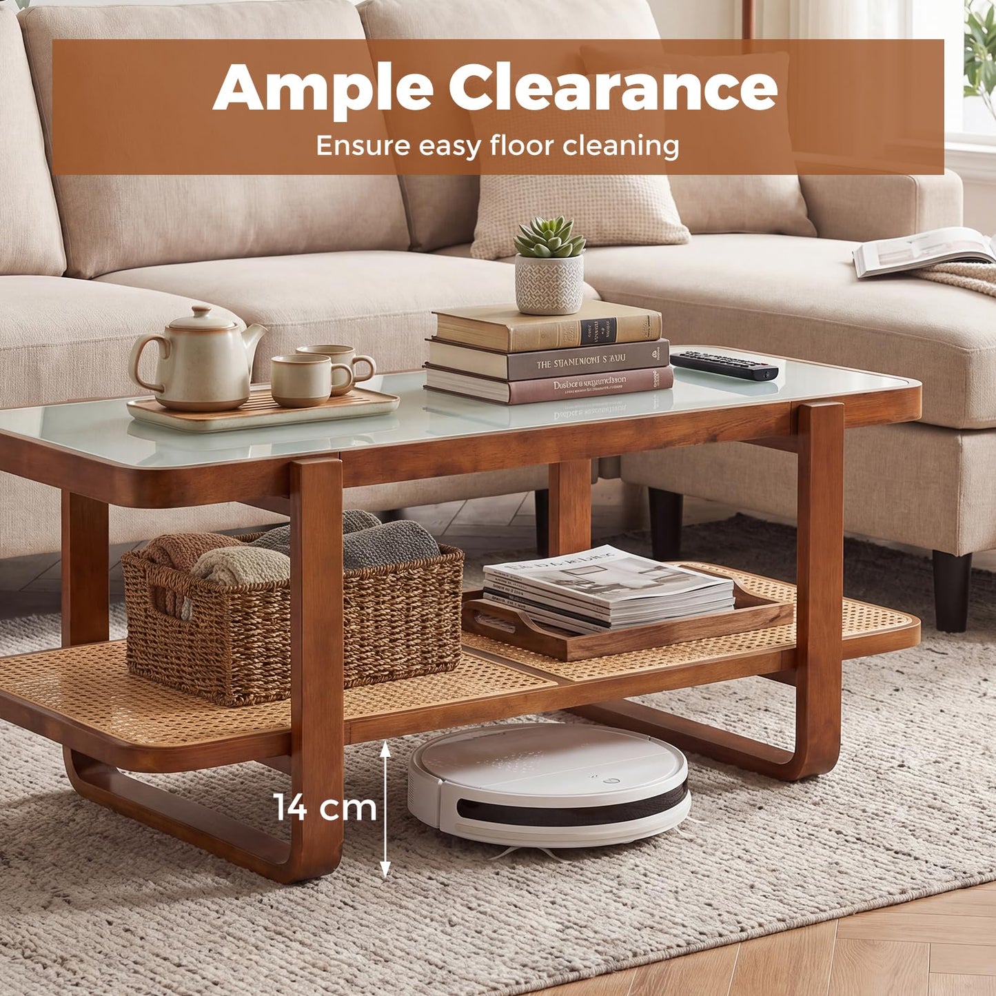 2-Tier Rattan Coffee Table, Frosted Tempered Glass Center Table