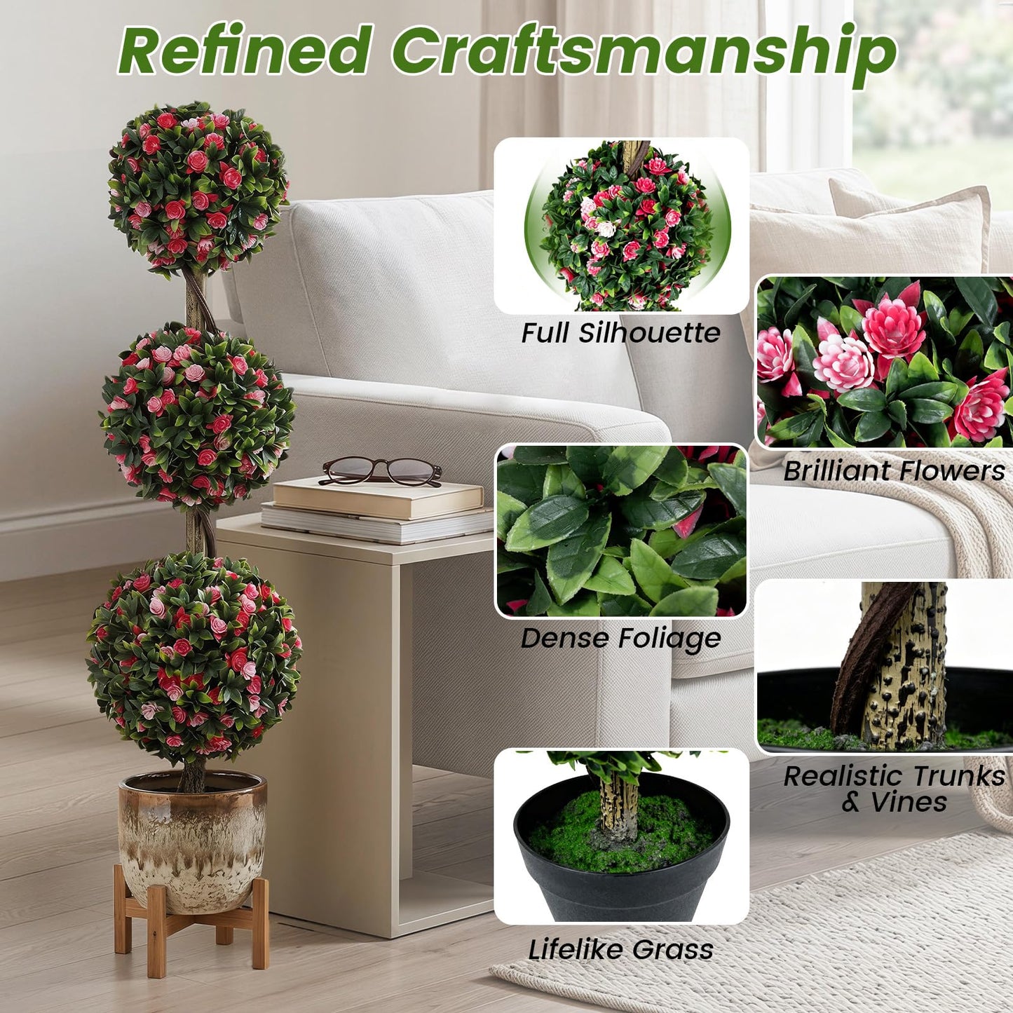 Artificial Rose Topiary Ball Tree, Ball Shaped Fake Plant