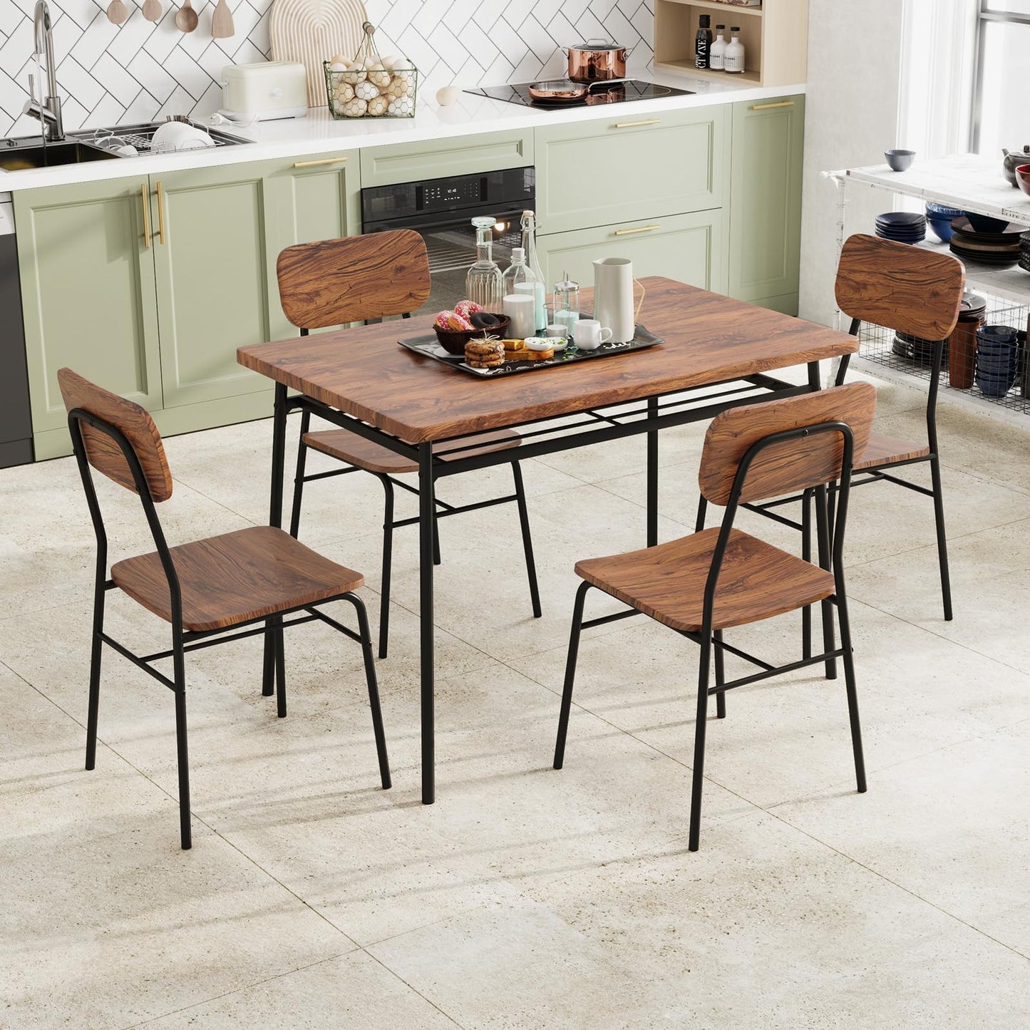 Rectangular Breakfast Kitchen Table Set with 4 Chairs and Storage Rack