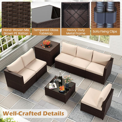 8 PCS Garden Rattan Corner Patio Conversation Sofa Set with Tempered Glass Coffee Table