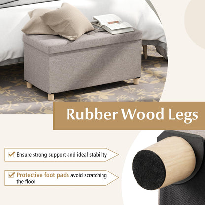 Linen Fabric Storage Ottoman Bench with Tray and Rubber Wood Legs
