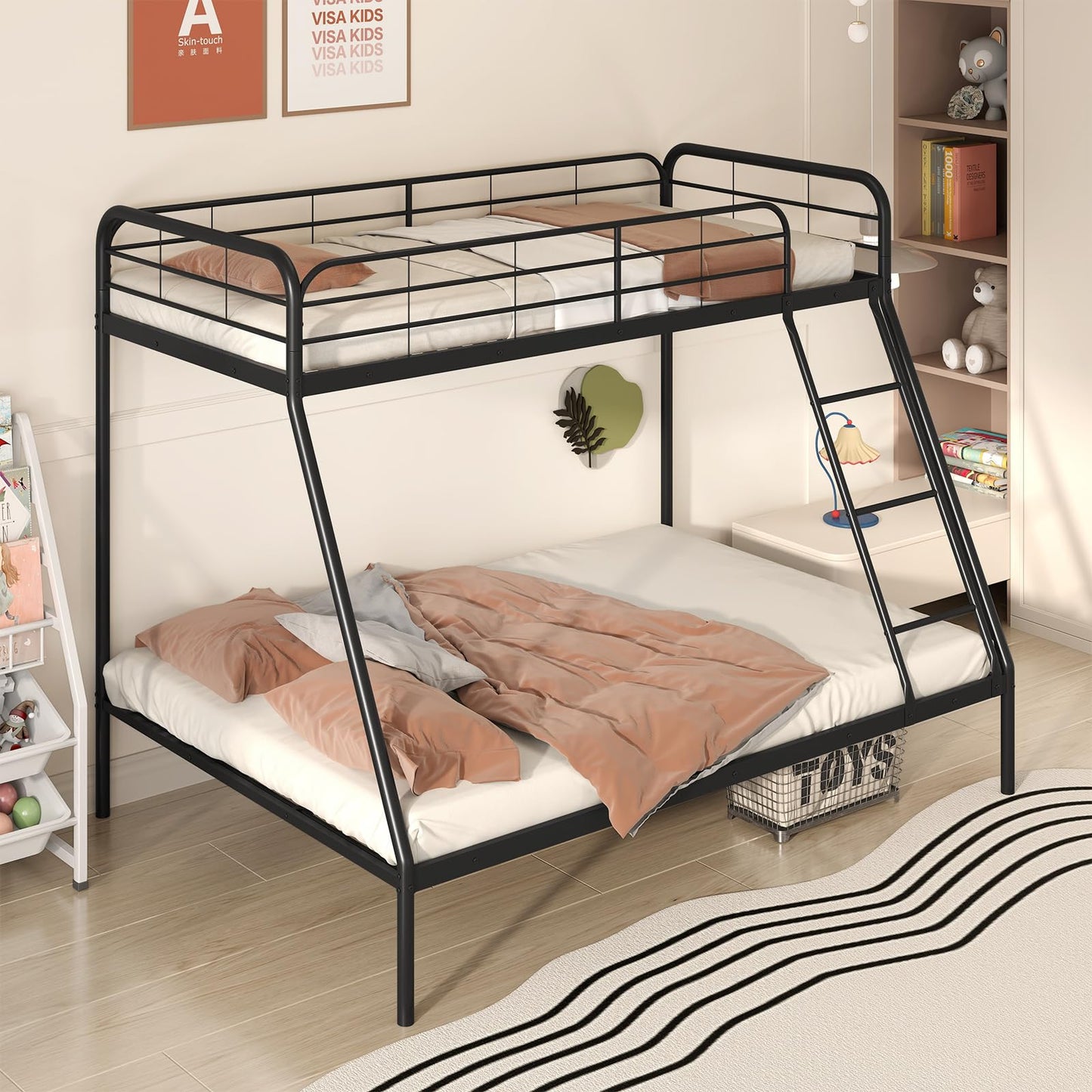 Single over Double Loft Bed Frame with Ladder and Safety Guardrail