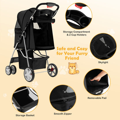 4-Wheel Folding Pet Stroller with Storage Basket and Adjustable Canopy