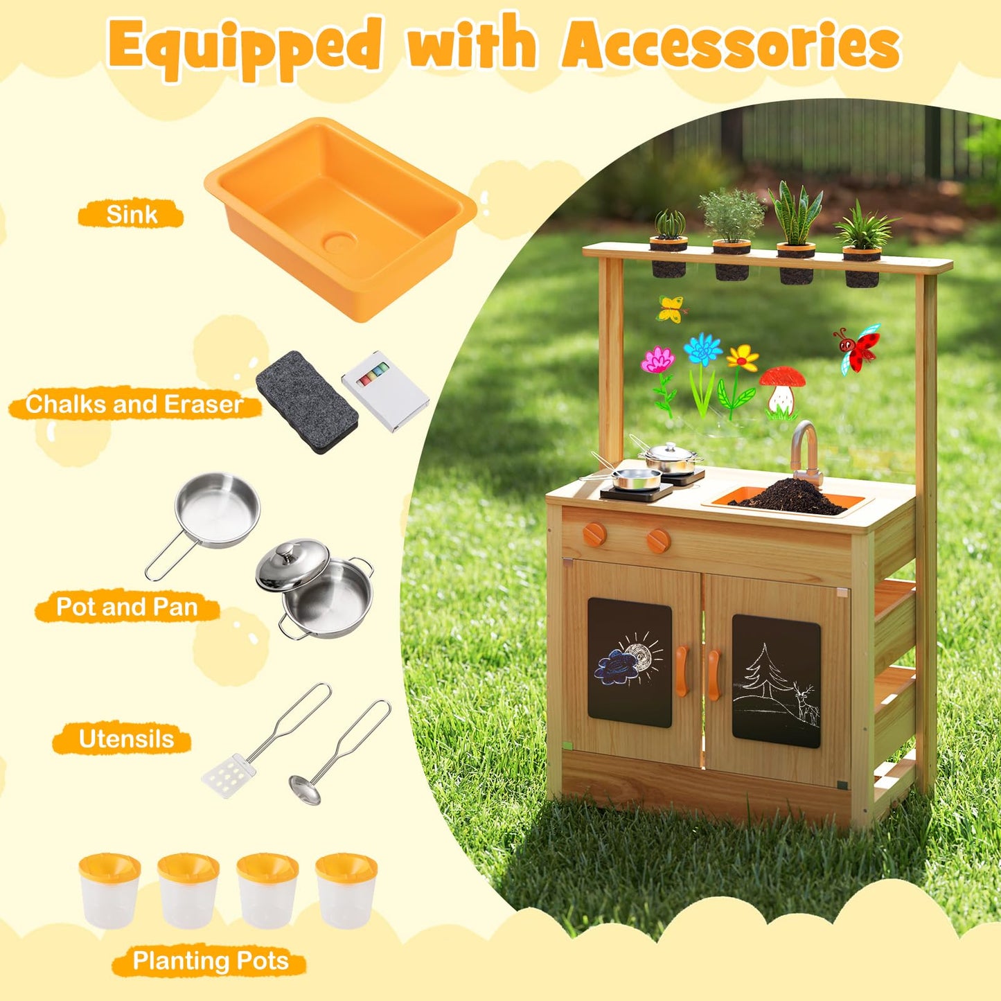 Fir Wood Play Kitchen with Planting Pots and Removable Sink for Backyard Garden