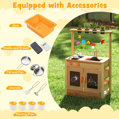 Fir Wood Play Kitchen with Planting Pots and Removable Sink for Backyard Garden